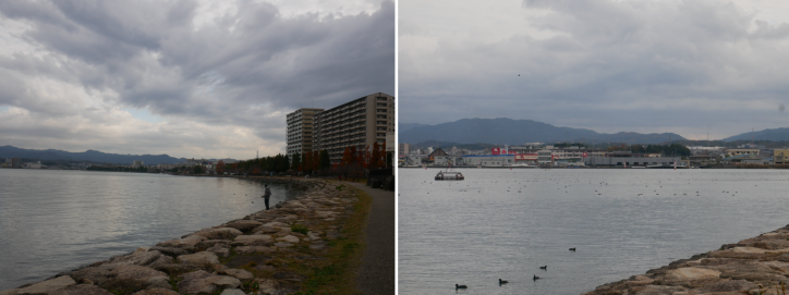 <font size='2' color='blue'>少しずつ対岸との幅が狭くなってきて、そろそろ「瀬田川」へ。
対岸には「琵琶湖漕艇場」＝湖上スポーツの拠点が！</font>