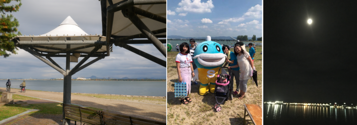 <font size='2' color=blue>Left:The bench I usually sit on. Best spot to chill! 
Center:Family photo at Lake sport promotion event in 2018
Right:Beautiful surface of the lake at night with a full moon</font>