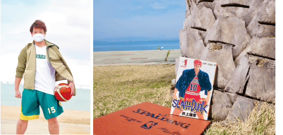 <font color='blue' size='2'>[Posing like SAKURAGI, the main character, on the cover of SLAMDUNK Vol. 1] He was feeling a bit awkward but he did his best according to my request! His favourite character is Hisashi MITSUI.</font>