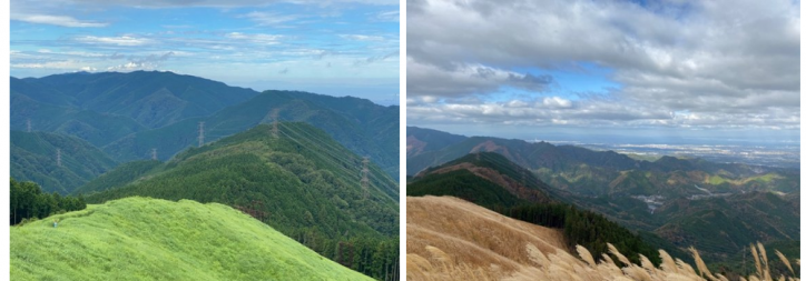 <font color='blue' size='2'>夏は緑のコントラストが素晴らしい！秋はススキが見事な山頂。ここでちょっとクイズ！さて、私はどこにいるでしょう？？</font>